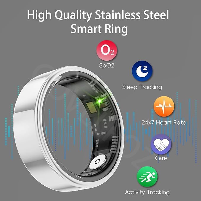 Smart Ring Health Tracker, Fitness Sleep & Heart Rate Monitor Tracker Smart Ring, Waterproof Bluetooth Fitness Tracker Ring IPX68 Waterproof (Silver, 11)