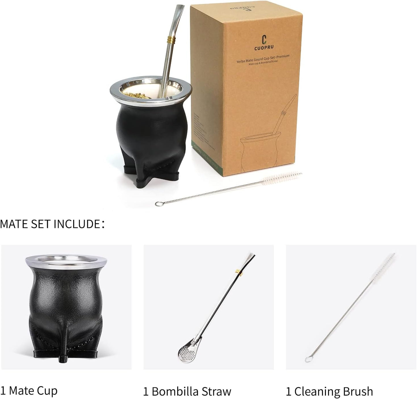 Ceramic Liner Yerba Mate Cup Argentina Gourd with Mate Bombilla Straw, Cleaning Brush (Black)