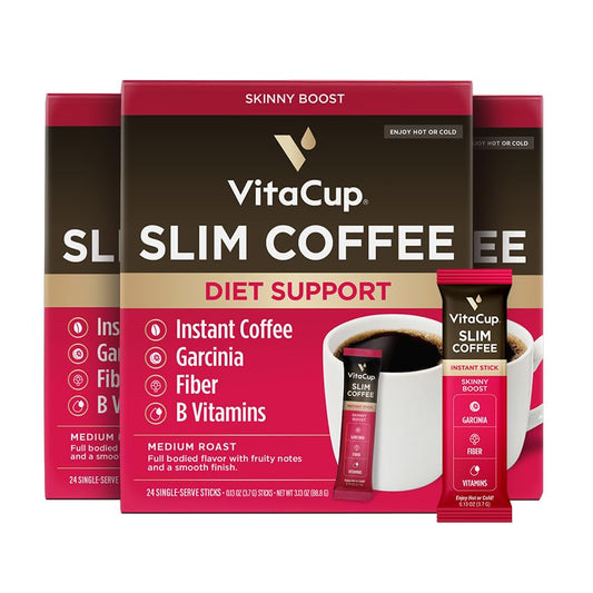 VitaCup Slim Instant Coffee Packets, with Garcinia, Fiber, B Vitamins, Skinny Coffee, Bold & Smooth, Medium Dark Roast, 100% Arabica Coffee in Single Serve Sticks, 72 Ct