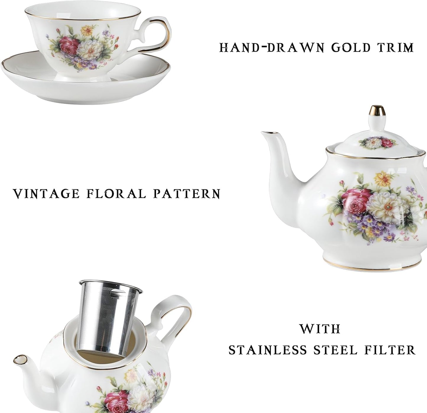 Sweejar Porcelain Tea Sets, Vintage British Floral Relief Gold Rimmed Teapot Cup and Saucer Set, Tea Set Service for 6, with Teapot, Sugar Bowl, Milk Jug, Spoons, Tea Cup and Saucer (Flower Style)