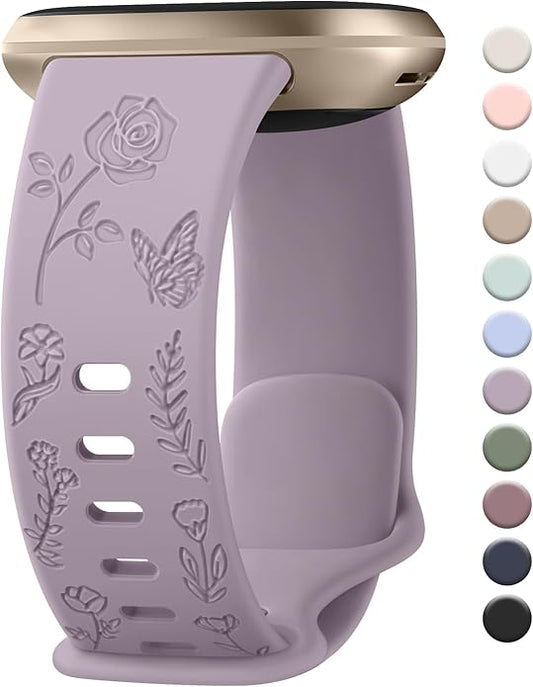 AK Floral Engraved Band Compatible with Fitbit Sense 2 / Sense Bands/Fitbit Versa 4 / Versa 3 Bands Women Men, Soft Sport Replacement Wristbands for Fitbit Sense 2 / Sense/Versa 4 / Versa 3 Smart Watch