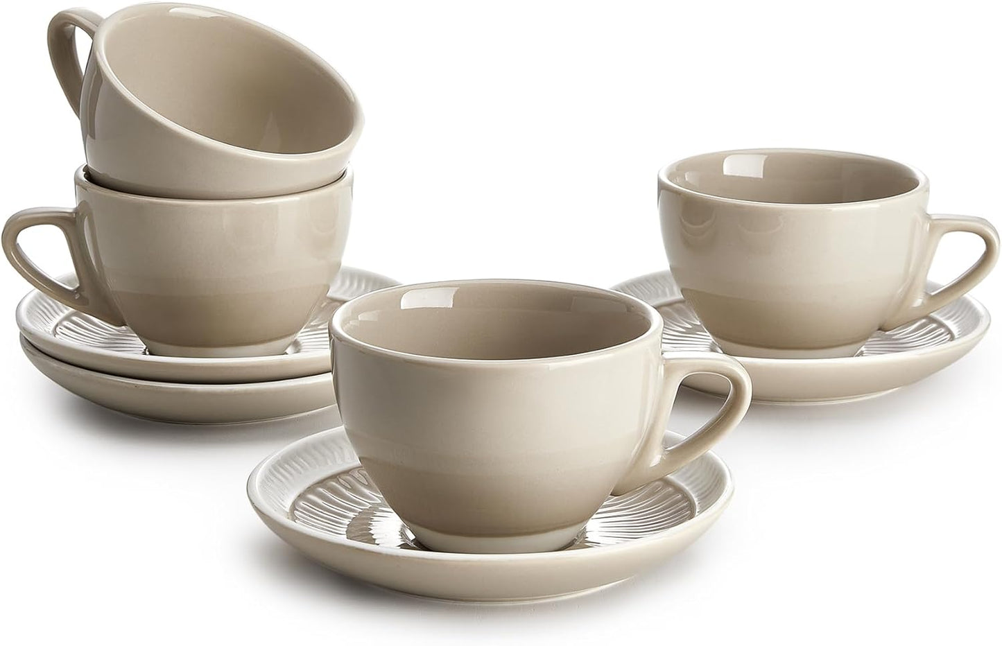 Sweese 6 Ounce Cappuccino Cups with Saucers, Porcelain Double Espresso Cups Set of 4 - Gray