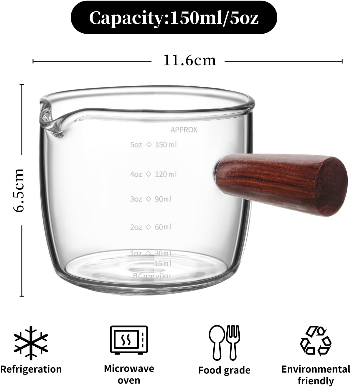 BCnmviku Espresso Shot Glass 150ML/5OZ Triple Pitcher Barista Single Spouts With Wood Handle (1)
