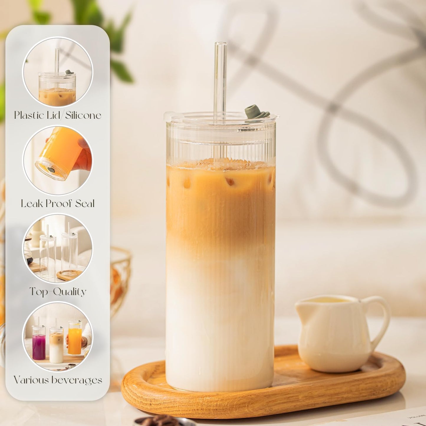 KEMORELA 6-Pack 18oz Ribbed Glass Cups with Lids & Straws – Round Textured Drinking Glasses for Iced Coffee, Bubble Tea, Juice & Smoothies – Reusable Clear Tumblers with Leakproof Lids & Straws