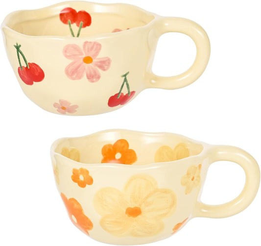 Ceramic Coffee Mug Set of 2 Vintage Flower Mugs 8 oz Cute Floral Coffee Mugs Irregular Latte Art Cup Lead-free Porcelain Cups for Cappuccino, Cocoa (Pink Cherry and Orange Flower)