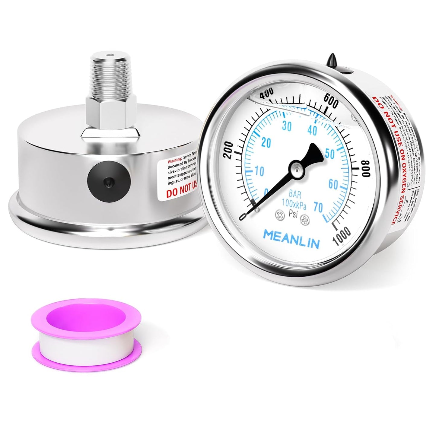 MEANLIN MEASURE 0~1000Psi Liquid Filled Pressure Gauge Stainless Steel with 316 Stainless Steel Joint 1/4" NPT 2.5" FACE DIAL for WOG Water Oil Air Center Back Mount