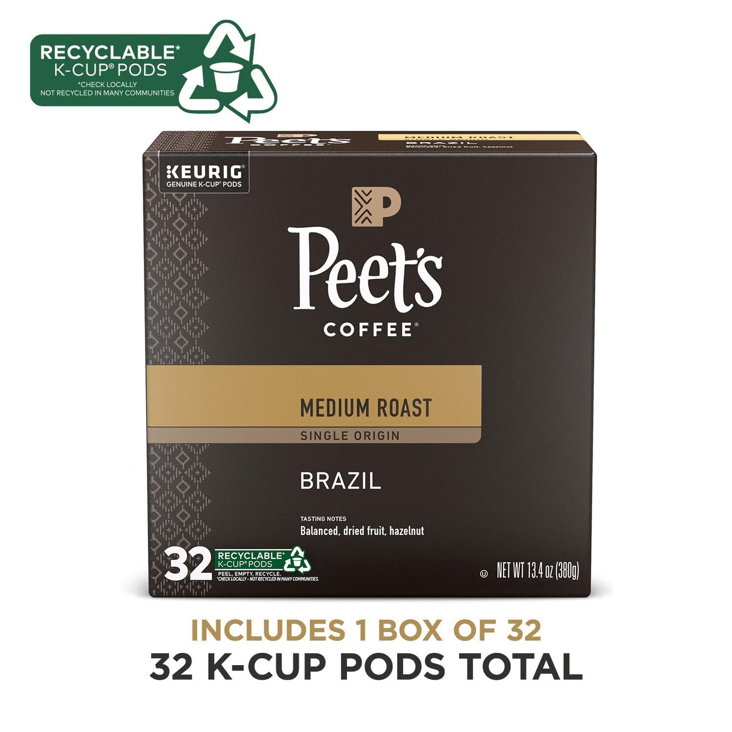 Peet's Coffee, Medium Roast Keurig K-Cup Pods - Single Origin Brazil 32 Count (1 Box of 32 K-Cup Pods)