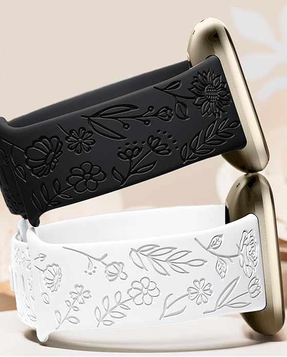 SNBLK 2 Pack Engraved Bands Only Compatible with Fitbit Versa 3/Fitbit Sense/Fitbit Versa 4/Fitbit Sense 2 Bands Four Models, Sunflower Rose Elegant Soft TPU Floral Pattern Replacement Strap Women