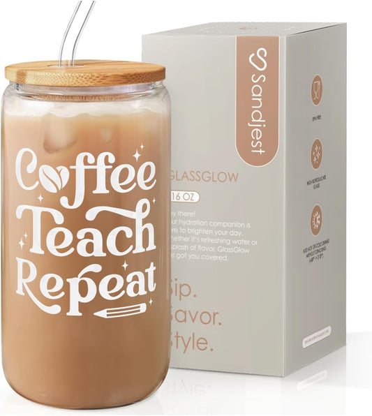 SANDJEST Teacher Glass Can, Coffee Teach Repeat Cup, Coffee Aesthetic Cups, Gift for Christmas Thanksgiving Birthday Teacher Appreciation, Gifts for Women, 16oz