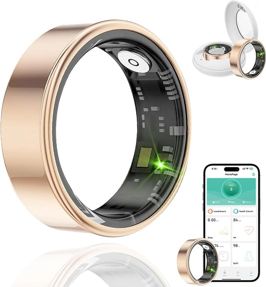 Smart Ring Health Tracker, Fitness Sleep & Heart Rate Monitor Tracker Smart Ring, Waterproof Bluetooth Fitness Tracker Ring IPX68 Waterproof (Gold, 12)