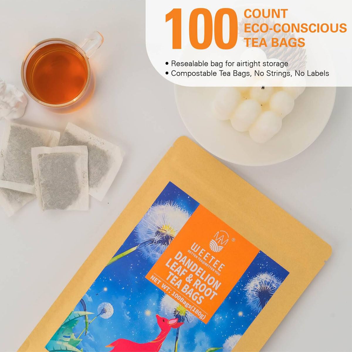 WT WEETEE Dandelion Leaf & Root Tea Bags, 100% Pure Dandelion Leaf and Roasted Dandelion Root Blend, Natural Caffeine-free Herbal Tea 2g x 100 Counts