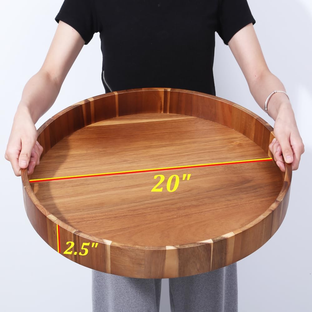 Extra Large 20" Acacia Wood Tray with Handles - Wooden Serving Tray for Ottoman, Coffee Table, Charcuterie, Bed & Breakfast - Rustic Modern Style