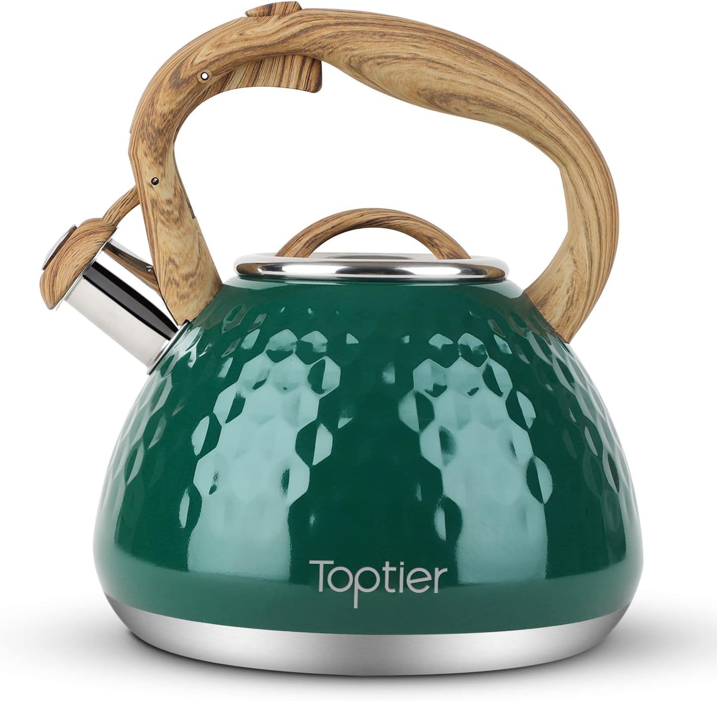 Tea Kettle, Toptier Teapot Whistling Kettle with Wood Pattern Handle Loud Whistle, Food Grade Stainless Steel Tea Pot for Stovetops Induction Diamond Design Water Kettle, 2.7-Quart Dark Green