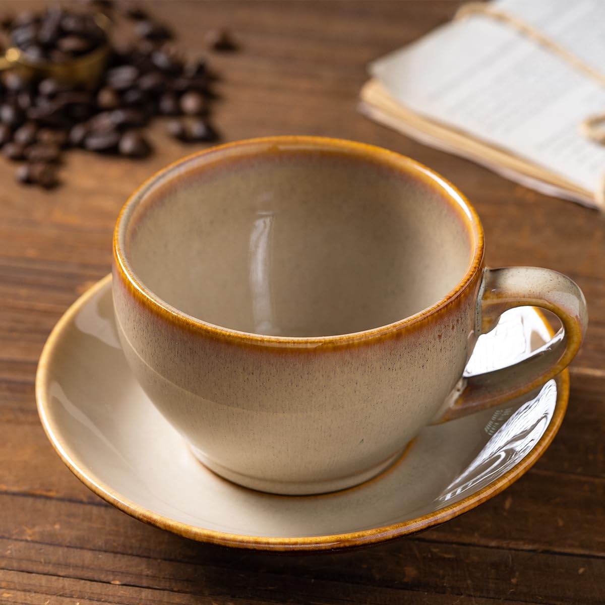 Porcelain Coffee Cup with Saucer Spoon, Vintage Design Ceramic Latte Art Cappuccino Barista Espresso Tea Cup with Saucer (11.6 oz, 350ml, Honey Pomelo Yellow)