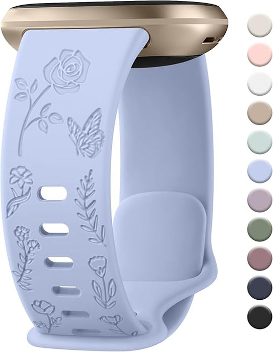 AK Floral Engraved Band Compatible with Fitbit Sense 2 / Sense Bands/Fitbit Versa 4 / Versa 3 Bands Women Men, Soft Sport Replacement Wristbands for Fitbit Sense 2 / Sense/Versa 4 / Versa 3 Smart Watch