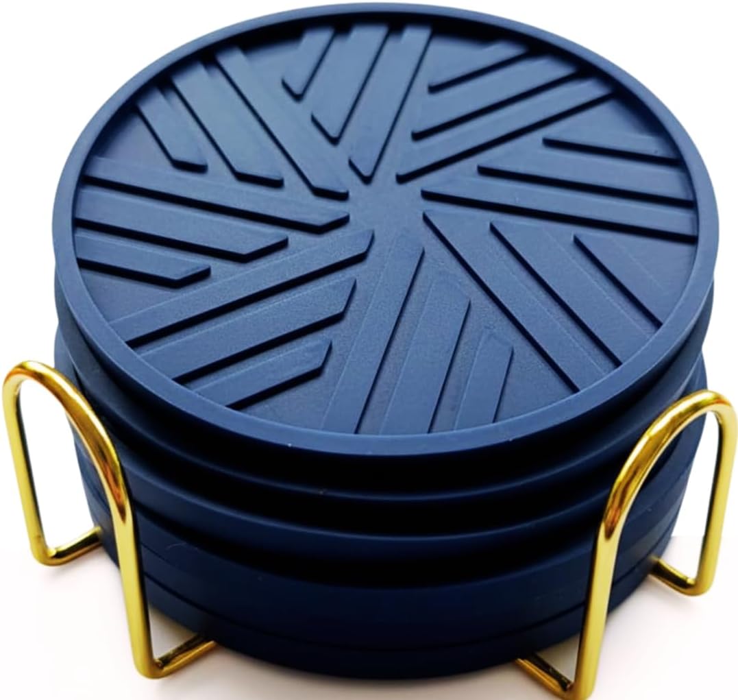 Coasters Set of 6 - Non-Slip Table Coasters for Drinks, Mugs, Glasses, Cups, Bottles - Round Pads with Stylish Groove Patterns & Gold Holder Stand - 4", 0.23" (Navy Blue)