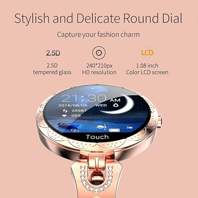 Smartwatch for Women Compatible for Android/iOS Phones. Health and Fitness Tracker with Heart Rate Blood Pressure Bluetooth Remote Photography Female Menstrual Cycle (Gold)