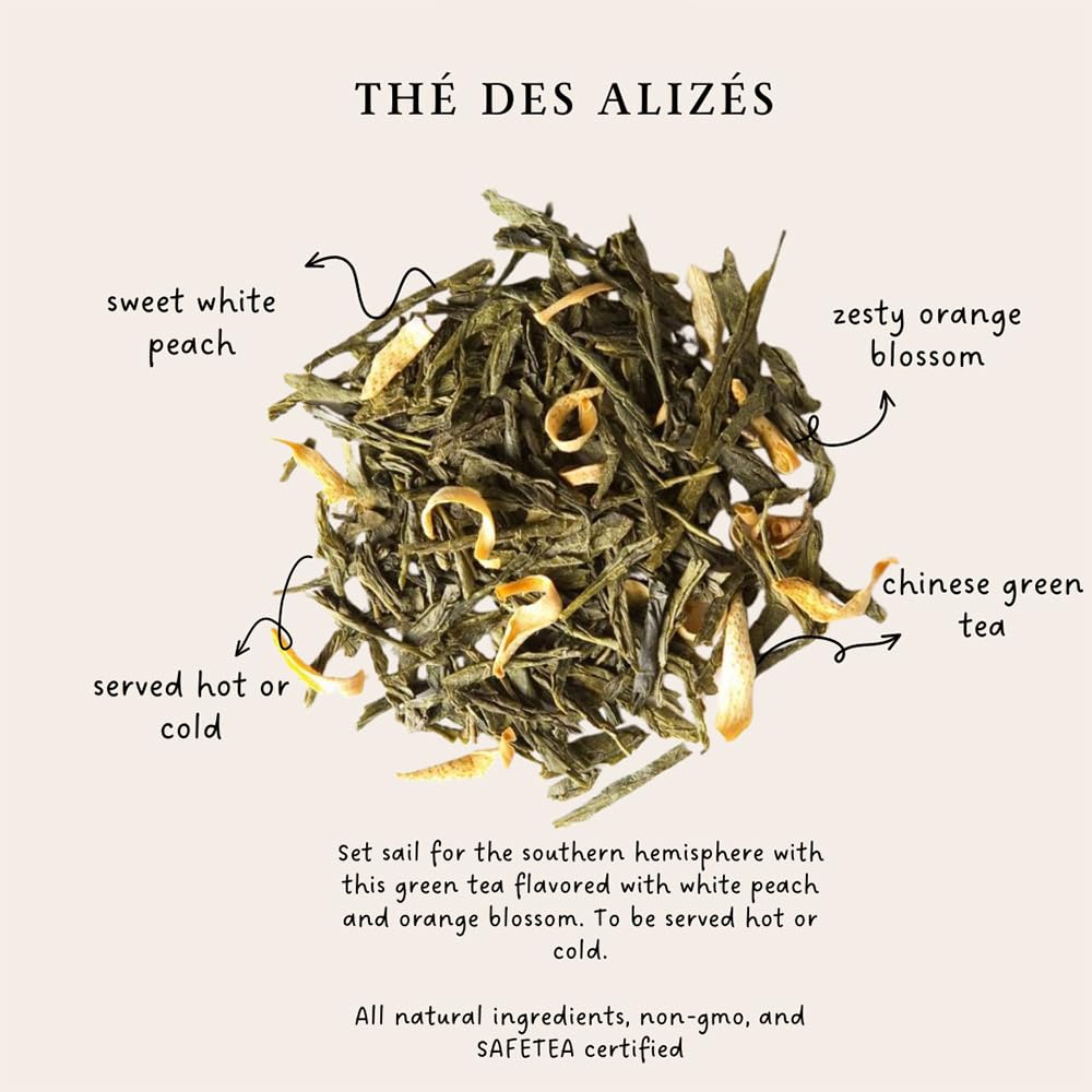 Palais des Thés - Alizes Winds Tea - Green Tea, Peach & Orange Blossom - 3.5oz Loose Leaf Metal Gift Tin, Serves 20-25 Cups