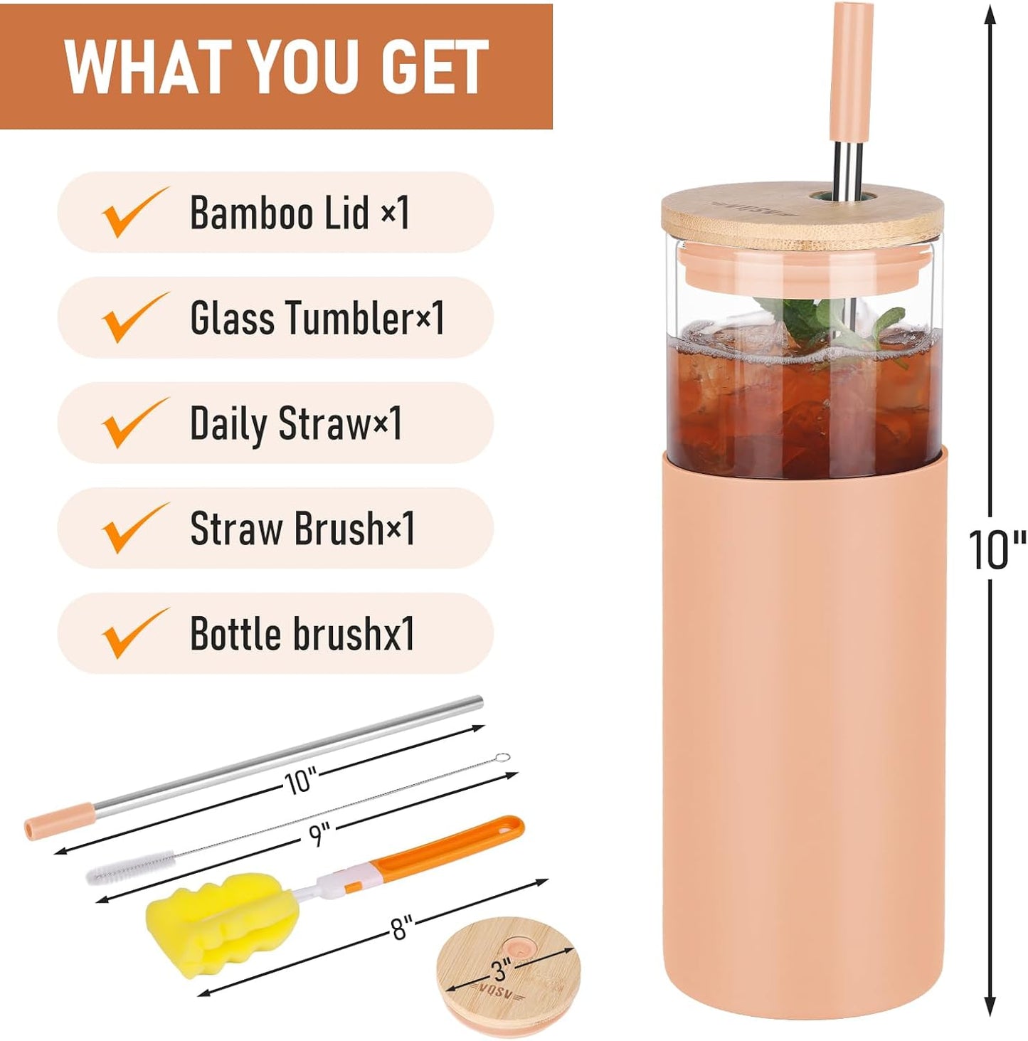 Glass Tumbler w/Lids & Straw - 24oz Reusable Mug w/Bamboo Lid & Stainless Steel Straw - BPA-Free, Leak-Proof, Dishwasher Safe for Coffee, Smoothies, Hot Beverages, Travel, Office, Home Use,1-PK