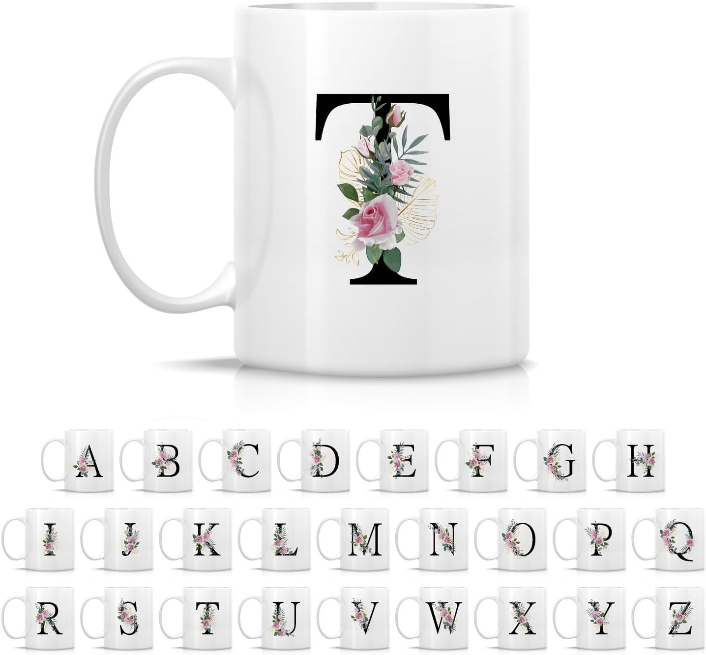 Retreez Initial A-Z Floral Botanical Bouquet Alphabet Monogrammed Monogram Mug 11 Oz Ceramic Tea Coffee Mugs - Appreciation Thank You Wedding Birthday Gifts for her friend coworker sister - T Initial