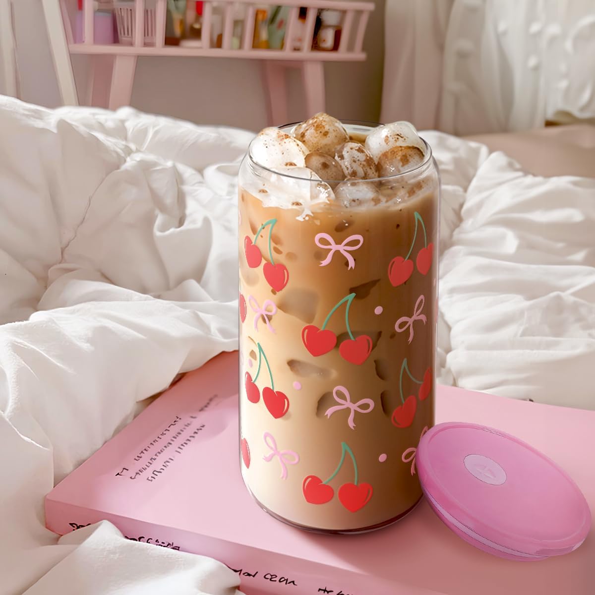 Cherry 16 Oz Can Glass Tumbler with Acrylic Lid and Straw - Iced Coffee Cups for Women, Aesthetic Glass Cup Gift for Birthday Christmas