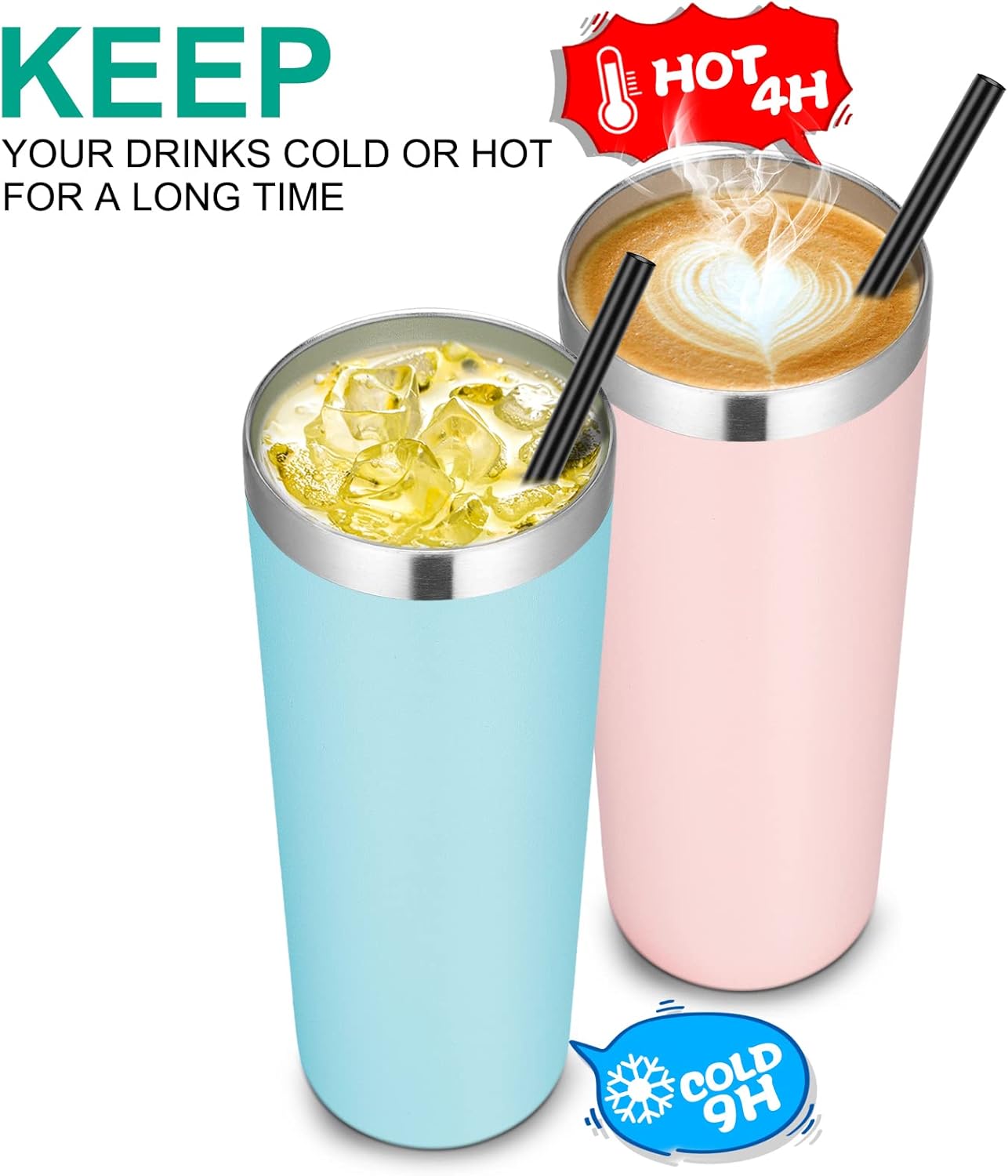 VEGOND Stainless Steel Tumblers Bulk 6 Pack, 20 oz Vacuum Insulated Skinny Tumblers with Lid and Straw, Double Wall Coffee Mug, Travel Water Cup, Blue