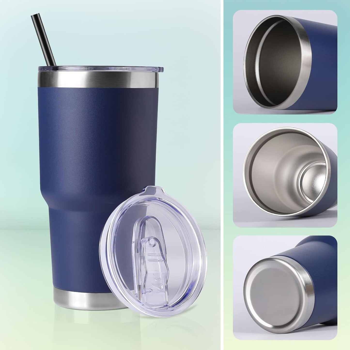 DOMICARE 30 oz Tumbler with Lid and Straw, Stainless Steel Tumblers Bulk, Insulated Vacuum Double Wall Travel Coffee Mug, Durable Powder Coated Tumbler Cup (Navy, 1)