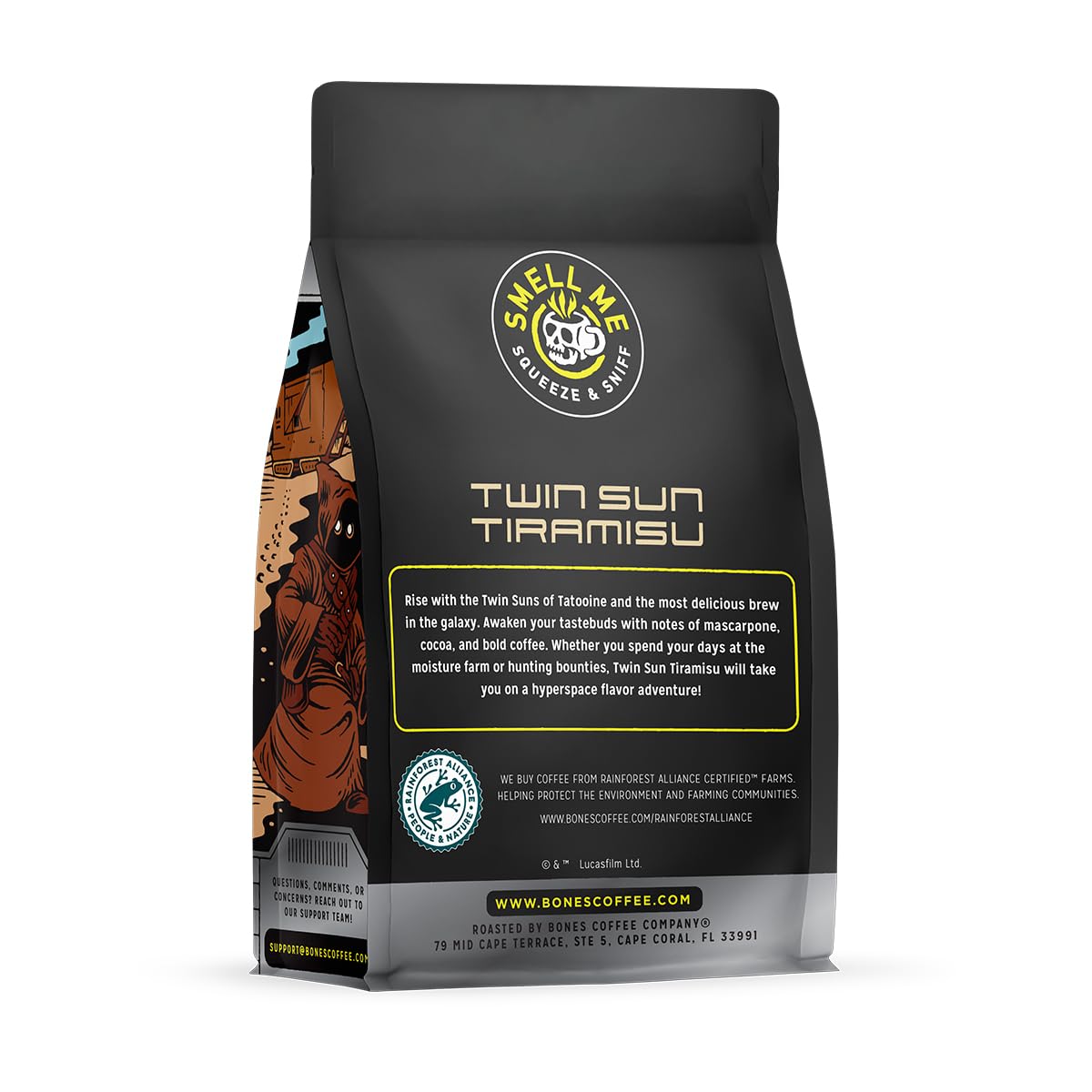 Bones Coffee Company Star Wars Twin Sun Tiramisu Flavored Coffee, Medium Roast Low Acid Arabica Beans Compatible with Auto drip and French Press Coffee Maker, 12 Oz Whole Bean