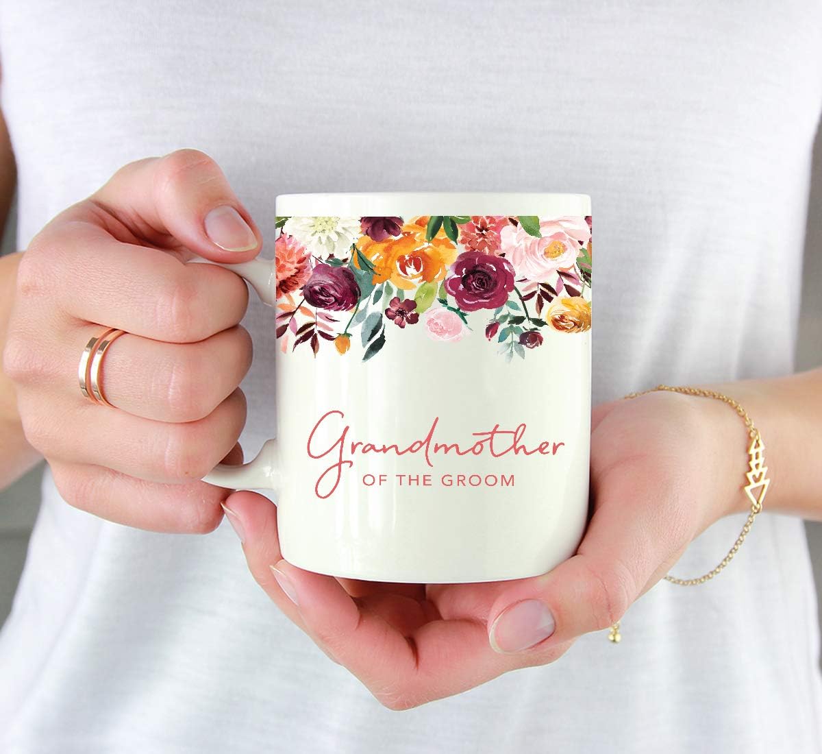 Andaz Press 11oz. Wedding Ceramic Coffee Tea Mug Gift, Fall Autumn Burgundy Orange Peach Flowers Roses Florals, Grandmother of the Groom, 1-Pack, Includes Gift Box