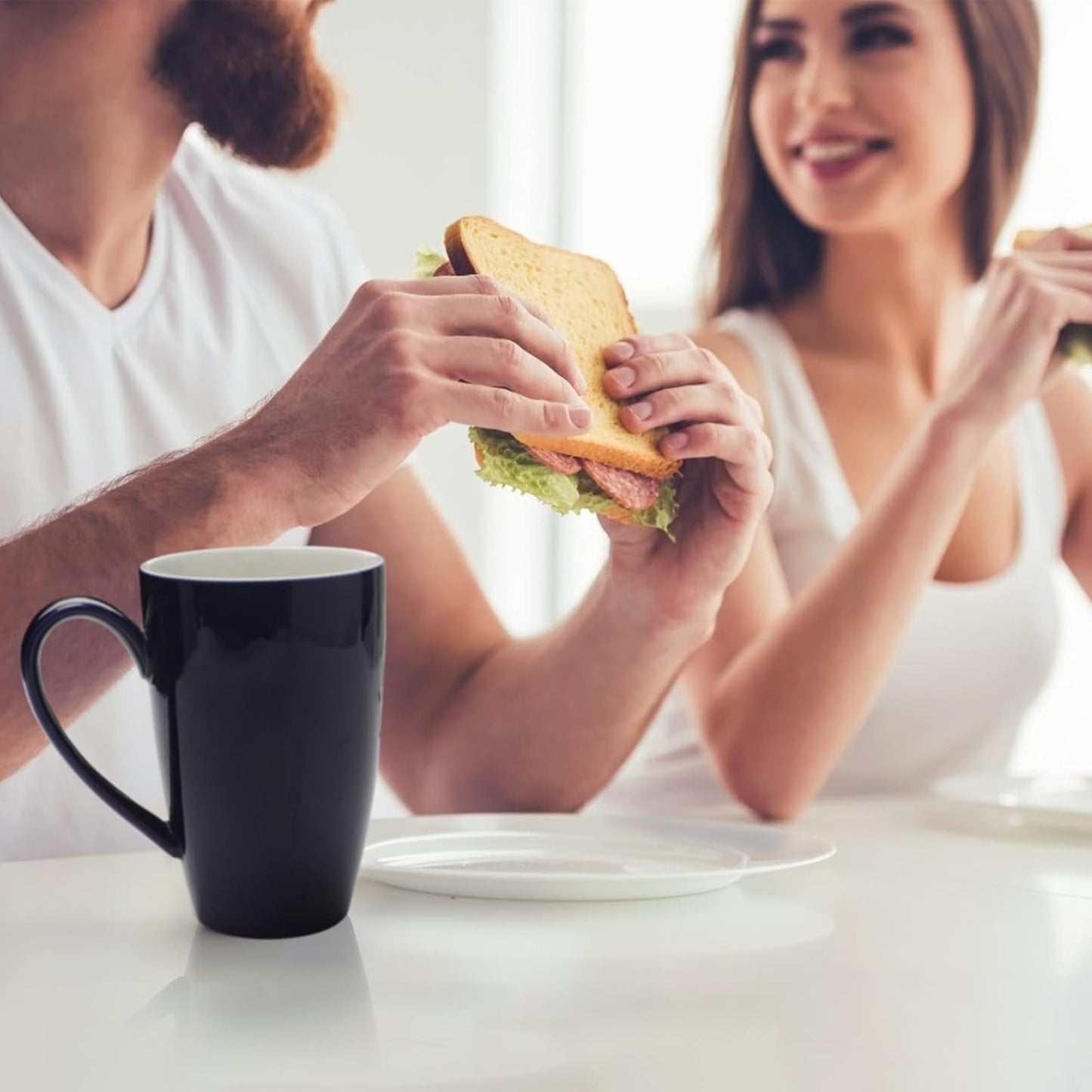 amhomel Porcelain Tea Mug with Infuser and Lid, 16 Ounce Ceramic Tea Cup for Loose Leaf, Coffee, Cocoa and Milk, Tea Gift for Tea Lovers, Set of 2(Navy Blue and White)