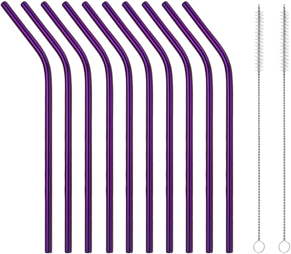 10 Pcs Stainless Steel Straws, Reusable Drinking Straws, Bent Metal Straw Sets with 2 Pcs Cleaning Brushes (Purple, 8.5 Inch)