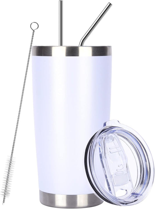 Pandance 20oz Stainless Steel Insulated Tumblers with Lid and Straw Bulk, Double Wall Vacuum Water Cups for Hot & Iced Coffee Drinks Travel Mug (White, 1 pack)