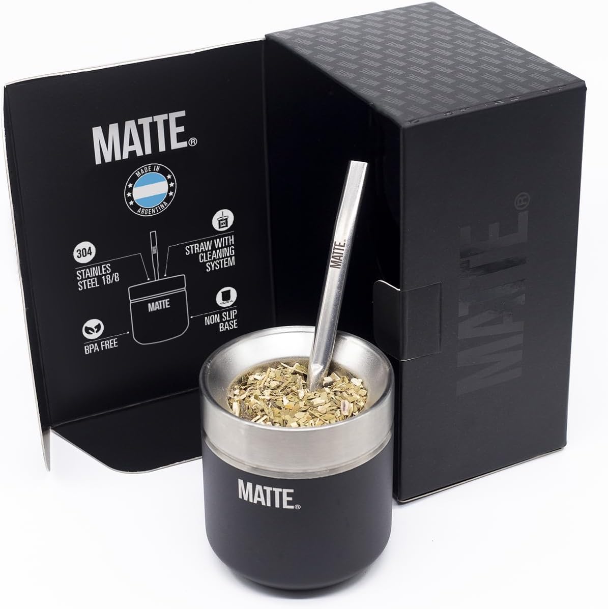 Matte 6.5 oz Yerba Mate Gourd and Bombilla Set - Includes DS Pro Box - BPA Free Yerba Mate Set Kit with Mate Straw, Elegant Design, Non-Slip Base (Black)
