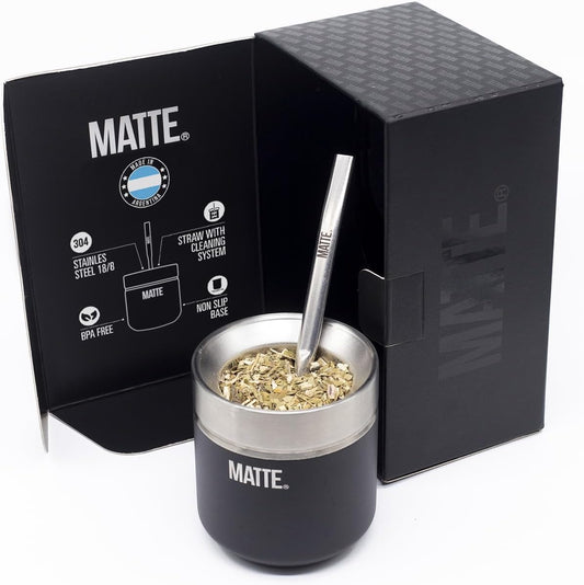 Matte 6.5 oz Yerba Mate Gourd and Bombilla Set - Includes DS Pro Box - BPA Free Yerba Mate Set Kit with Mate Straw, Elegant Design, Non-Slip Base (Black)