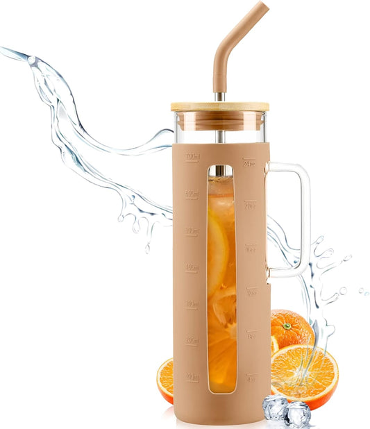 Kodrine Tumbler with Lid and Straw, 24 oz Glass Tumbler with Handle, Iced Coffee Cup Boba Smoothie Cup, Coffee Tumbler Water Tumbler Cups with Bamboo Lid Home Office Tumblers, Amber