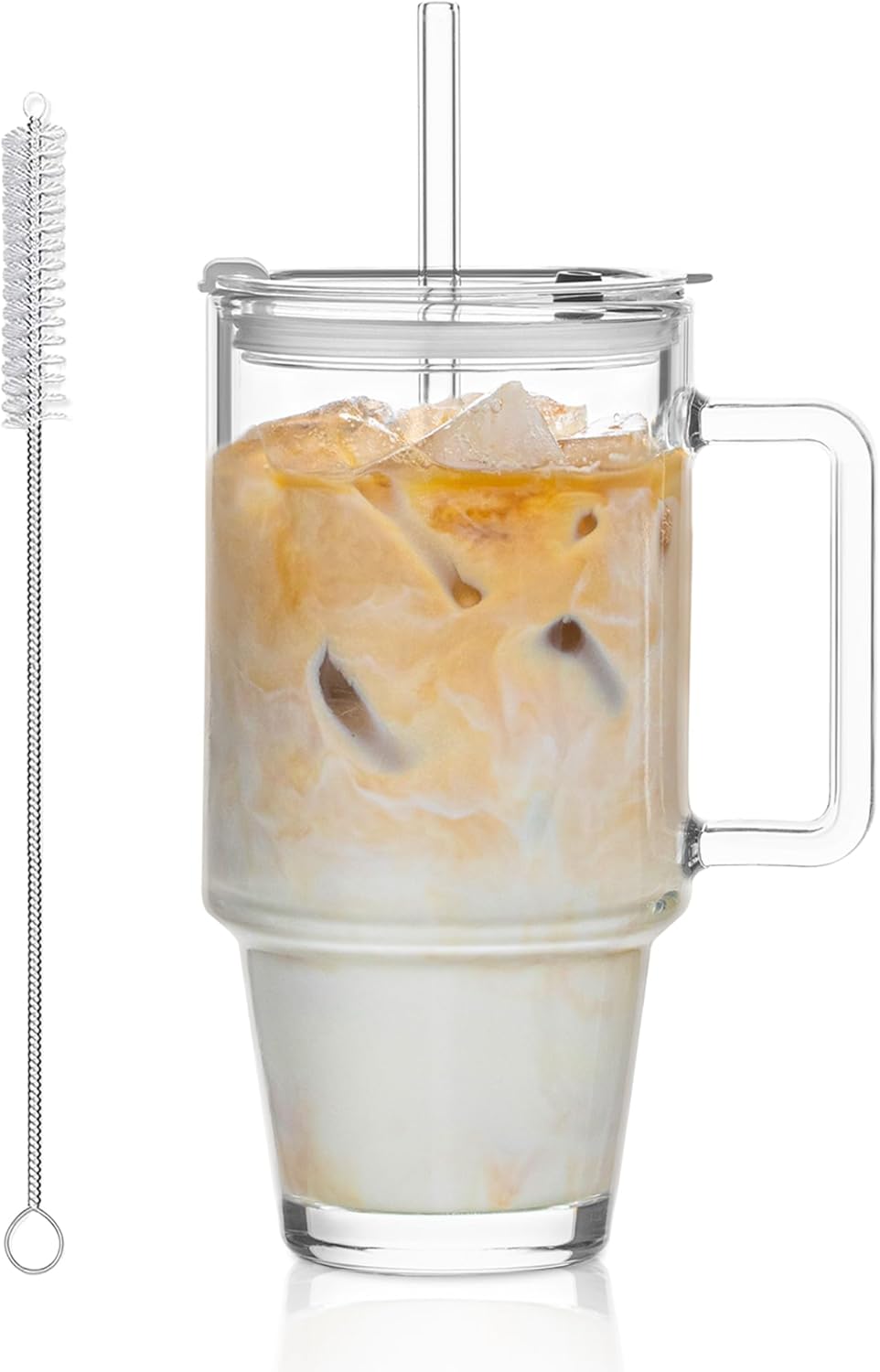 KEMORELA 24oz Glass Tumbler with Handle & Lid - Reusable Glass Cup with Straw for Iced Coffee, Smoothie & Water - Clear Drinking Glasses, To-Go Travel Drinkware (1)