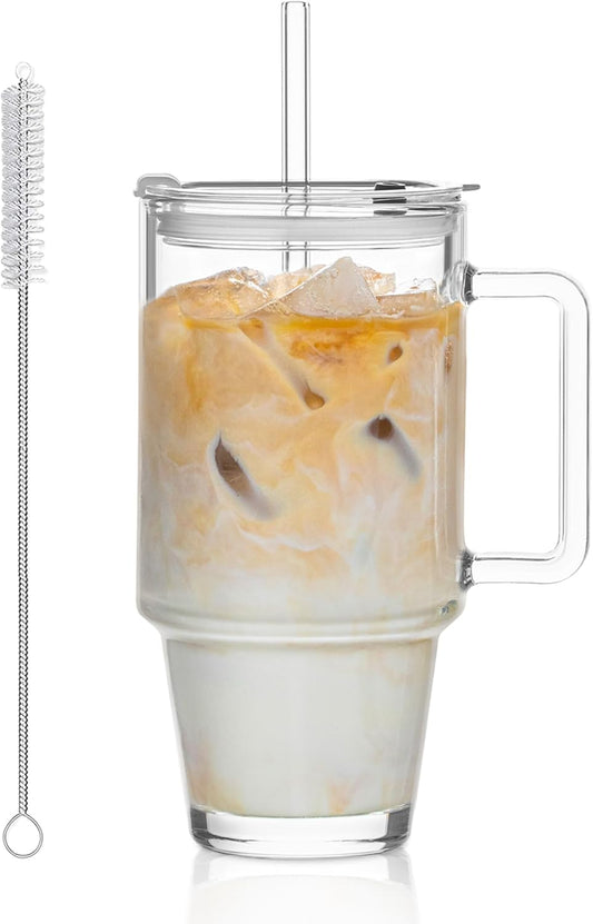 KEMORELA 24oz Glass Tumbler with Handle & Lid - Reusable Glass Cup with Straw for Iced Coffee, Smoothie & Water - Clear Drinking Glasses, To-Go Travel Drinkware (1)
