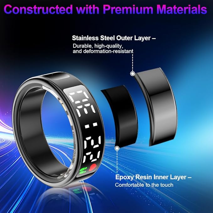 Smart Ring Health Tracker with Display Screen & Touch Button, Bluetooth Connection Health Ring for Women Men, Tracks Heart Rate/Blood Oxygen/Sleep/Steps/Sports Activities, IP68 Waterproof