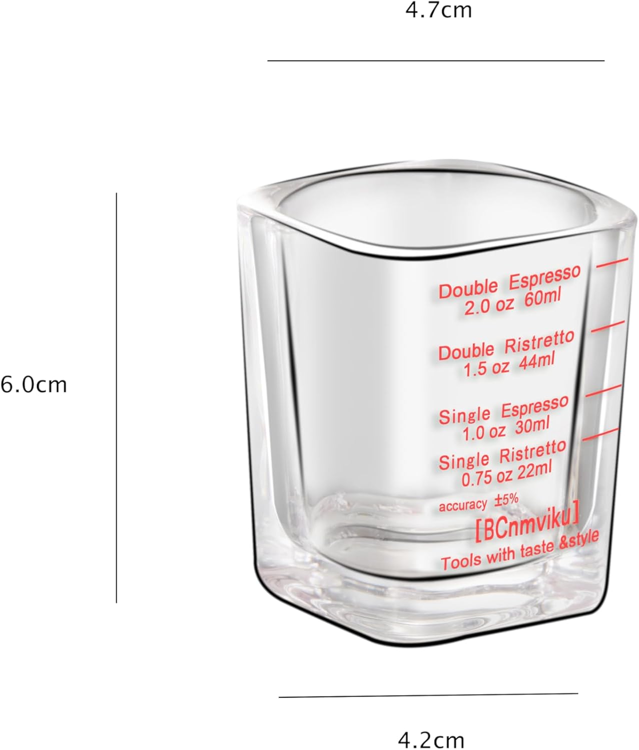 BCnmviku 2 PACK Red line Square Cup Espresso Shot Glasses Measuring Cup Liquid Heavy Glass for Baristas 2oz for Single Shot of Ristrettos