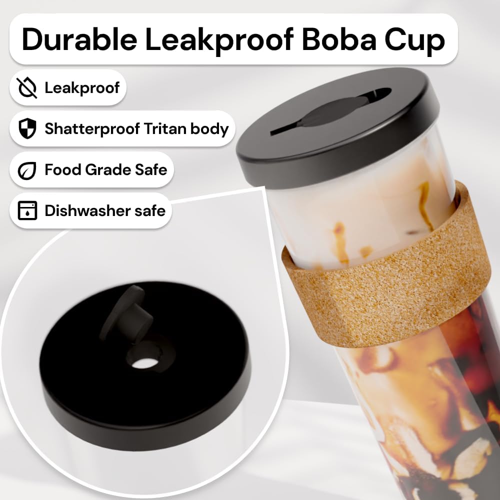 Dodoko Reusable Boba Cup and Straw Boba Tea Cup Bubble Tea Cup Reusable Iced Coffee Cup Cold Coffee Cup Smoothie Cup with Lid and Straw Smoothie Cup to go Smoothie Tumbler 24 oz - Night Black