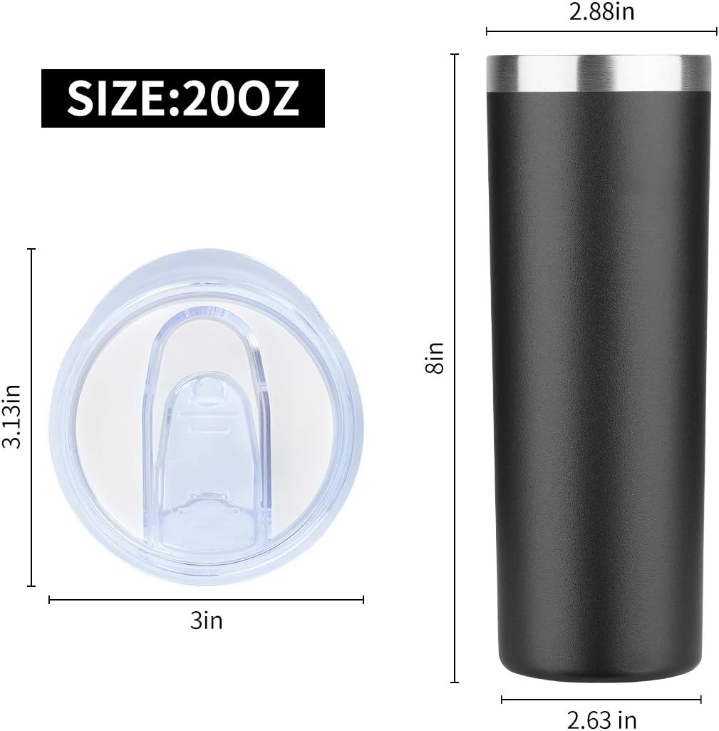 HASLE OUTFITTERS 20 oz Skinny Tumblers Bulk Set, Stainless Steel Insulated Slim Tumblers with Lids, Reusable Double Wall Travel Coffee Mugs, Durable Powder Coated Travel Water Cups(Black, 8)