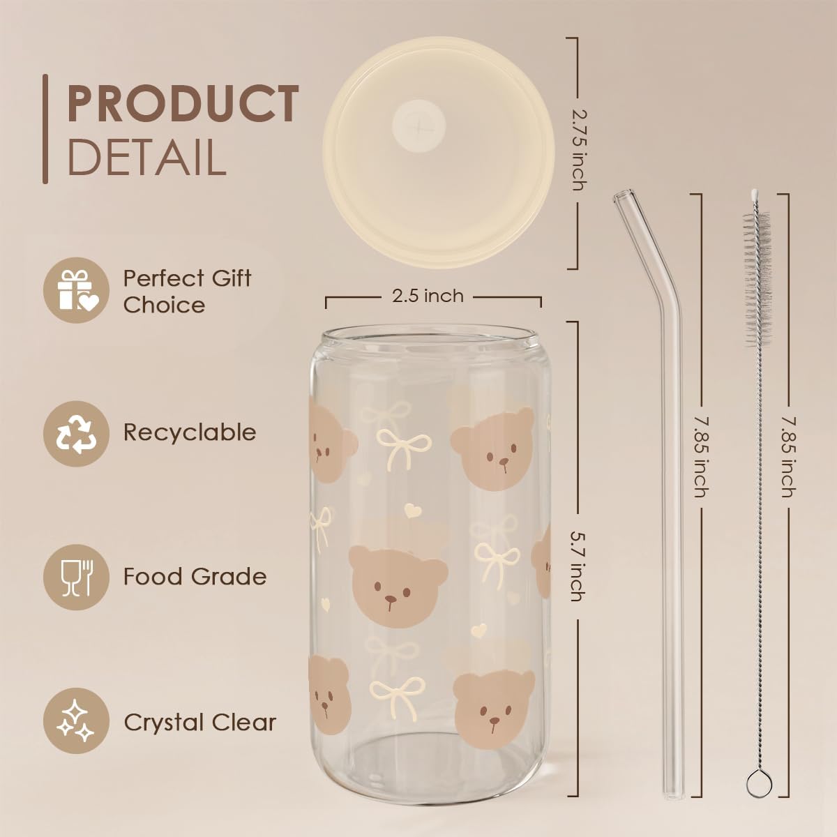 SANDJEST Bear Glass Can, Iced Coffee Aesthetic Cup, Gift for Christmas Birthday, Gifts for Women Girls, 16oz