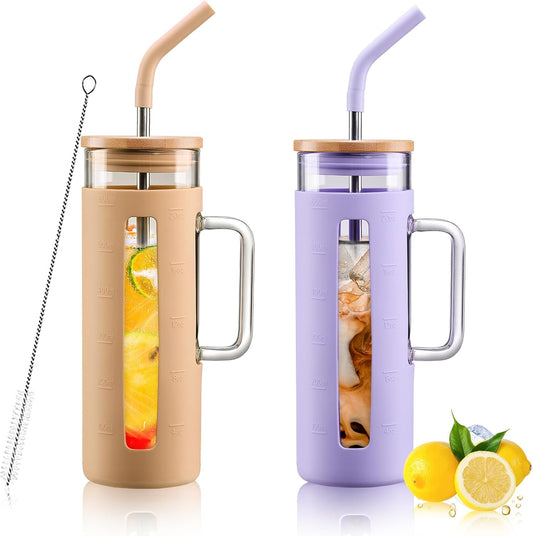 Kodrine Glass Tumbler with Lid and Straw, 20 oz Glass Coffee Tumbler with Handle, Smoothie Cup with Bamboo Lid, Time Marker, Silicone Sleeve, Reusable Iced Coffee Cup BPA Free - Amber Purple