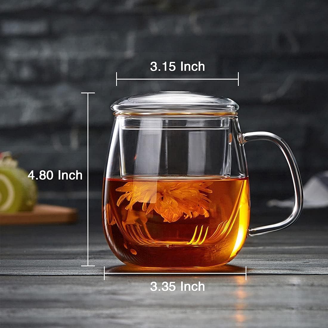 Glass Teacups 4 Pack Glass Tea Cup with Infuser and Lid, 17.6oz/520ml Large Borosilicate Teacup,Tea Clear Mug Cup for Loose Leaf Blooming Tea, Microwave & Dishwasher Safe