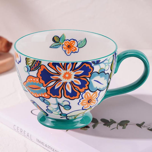 Vintage Flower Mugs – Large Ceramic Coffee Mug (15oz) – Cute Cereal Cup for Breakfast, Oatmeal Tea & Hot Drinks – Handmade Ceramic Cup with Floral Design