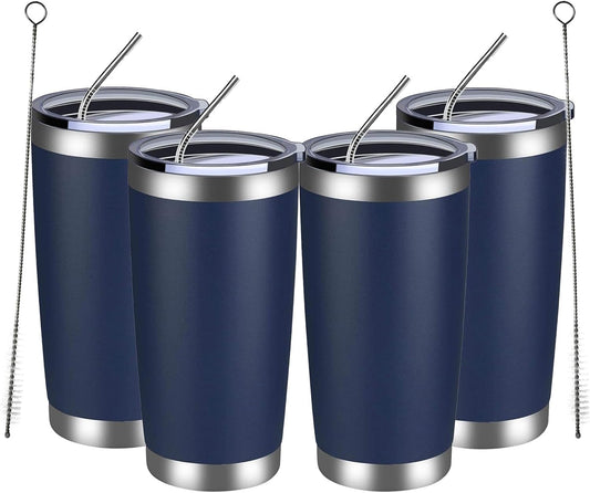 MEWAY 20oz Tumbler 4 Pack Double Wall Vacuum Insulated Travel Mug Bulk, Stainless Steel Tumblers with Lid and Straw, Durable Powder Coated Coffee Cups for Cold & Hot Drinks (Navy, 4)