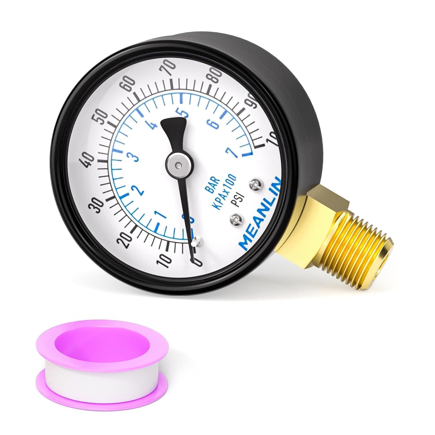 MEANLIN MEASURE 0-100Psi Well Pump Pressure Gauge 1/4" NPT 2" FACE DIAL for Well Pump Water Tire Water Pressure Tester Lower Mount, with Teflon Tape