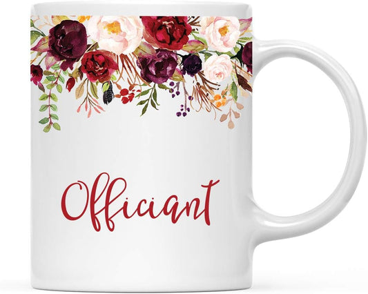 Andaz Press 11oz. Wedding Ceramic Coffee Tea Mug Gift, Fall Autumn Marsala Burgundy Flowers Roses Florals, Officiant, 1-Pack, Includes Gift Box