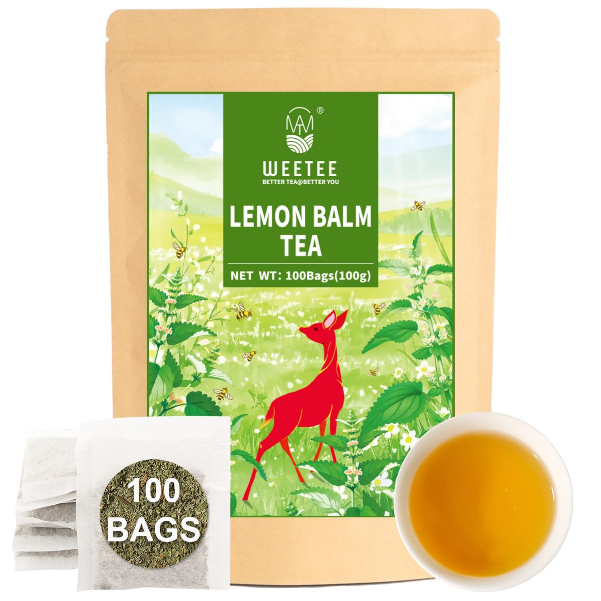 WT WEETEE Lemon Balm Tea Bags, 100 Count Pure Lemon Balm Leaves, Honey Scented with a Delicate Lemon Flavor, Caffeine-Free Herbal Tea