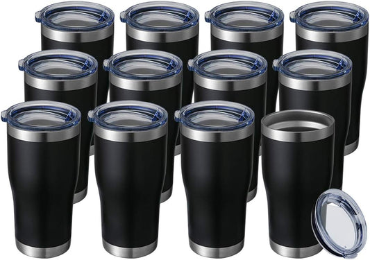 HASLE OUTFITTERS 20 oz Tumbler Bulk, Stainless Steel Tumblers with Lid, Vacuum Insulated Tumbler, Double Wall Tumbler Cup, coffee mugs, Black, 12 Pack